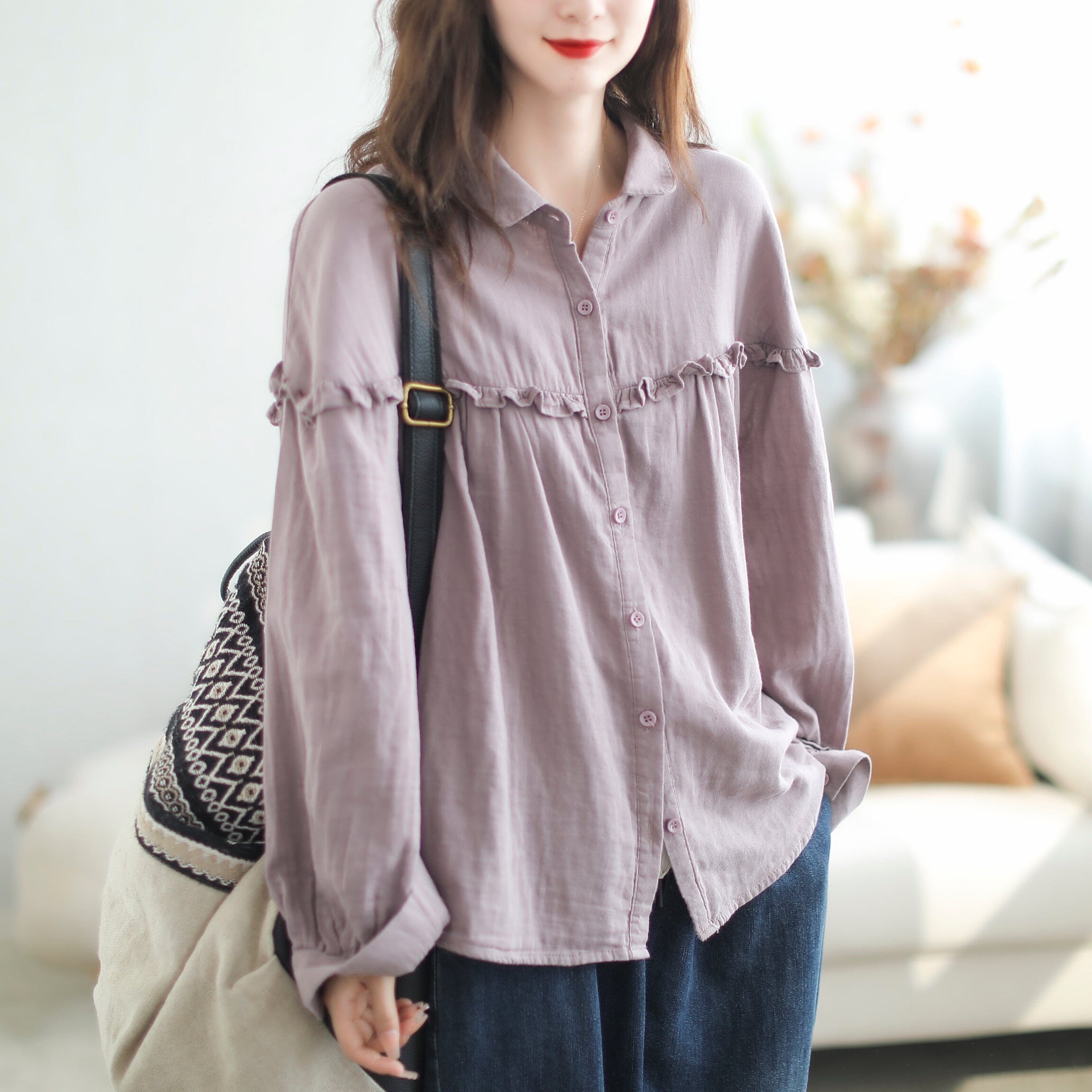 Autumn Casual Stylish Patchwork Ruffle Loose Blouse