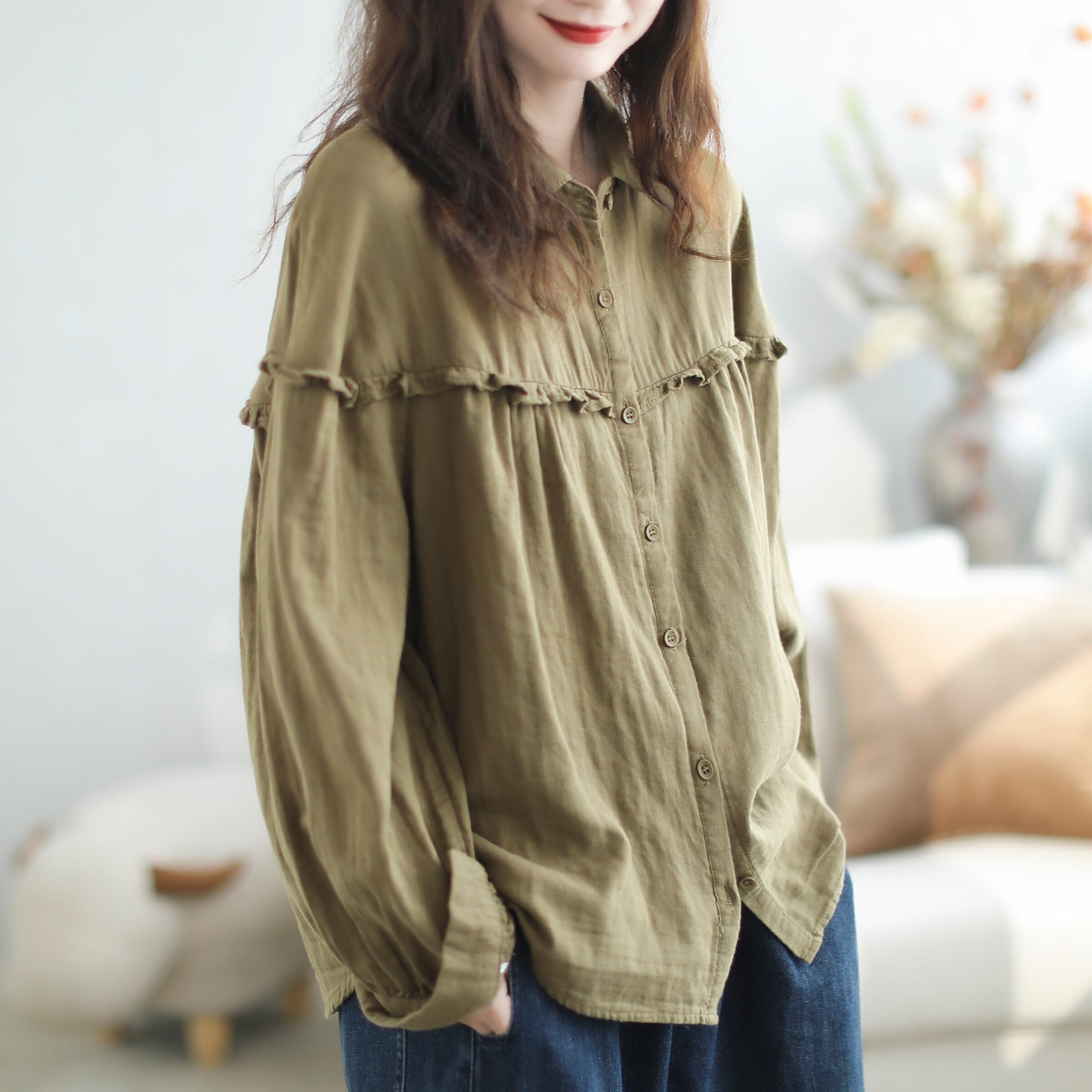 Autumn Casual Stylish Patchwork Ruffle Loose Blouse