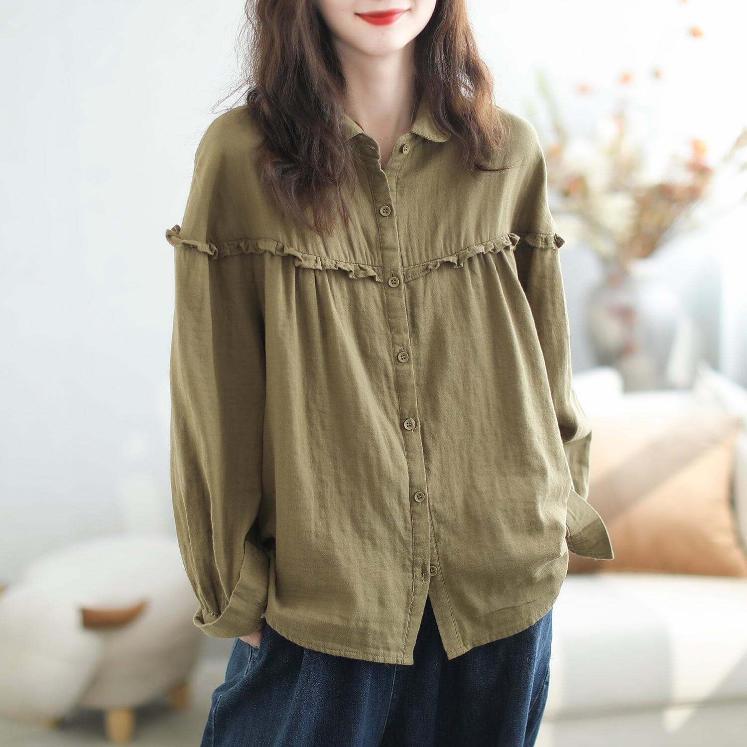 Autumn Casual Stylish Patchwork Ruffle Loose Blouse