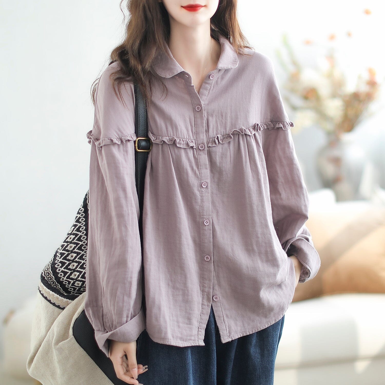 Autumn Casual Stylish Patchwork Ruffle Loose Blouse