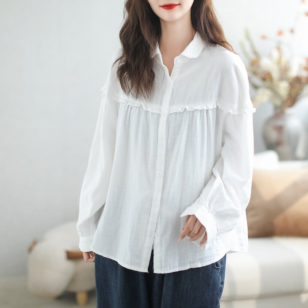 Autumn Casual Stylish Patchwork Ruffle Loose Blouse