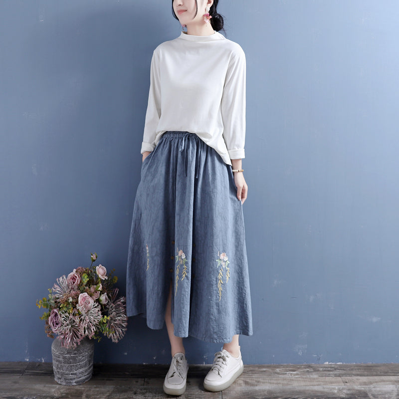 Autumn Cotton Linen Retro Embroidery Loose Skirt