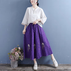 Autumn Cotton Linen Retro Embroidery Loose Skirt