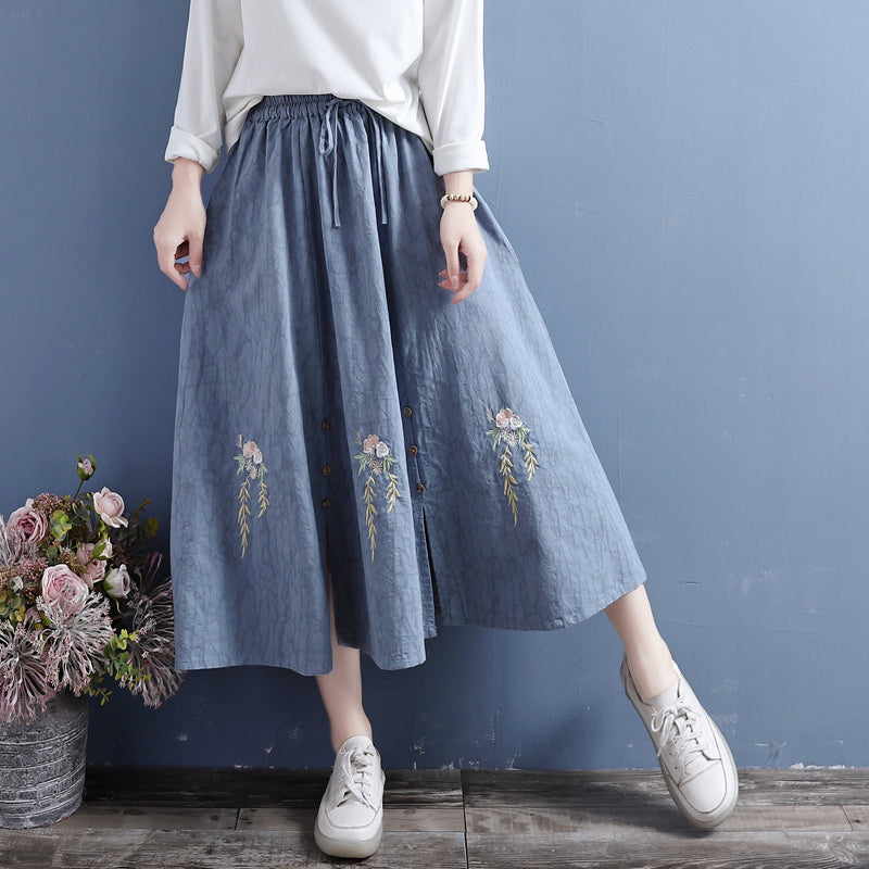 Autumn Cotton Linen Retro Embroidery Loose Skirt