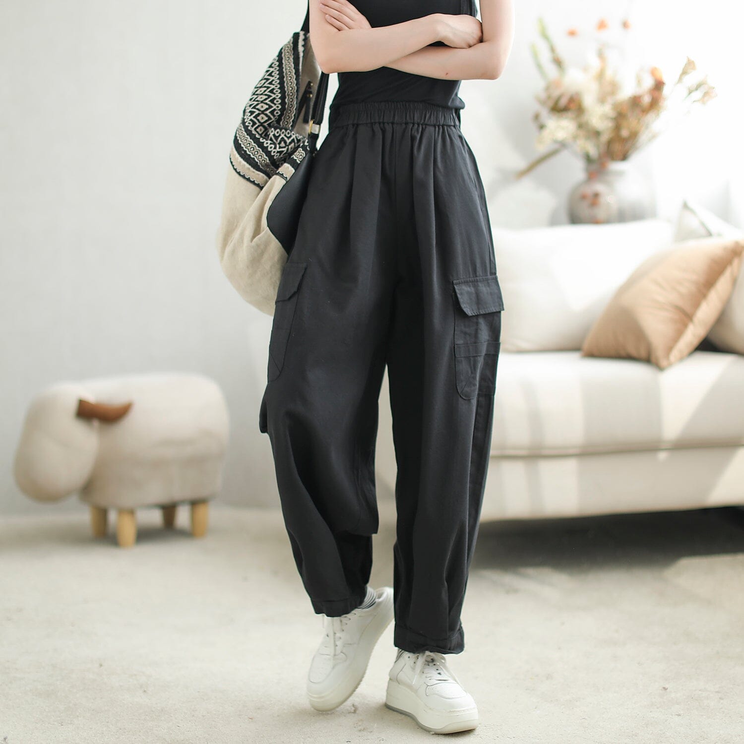 Autumn Cotton Loose Solid Casual Harem Pants