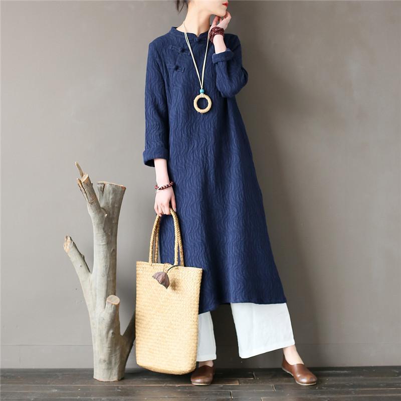 Autumn  Retro Stand Collar   Cotton Loose Dress