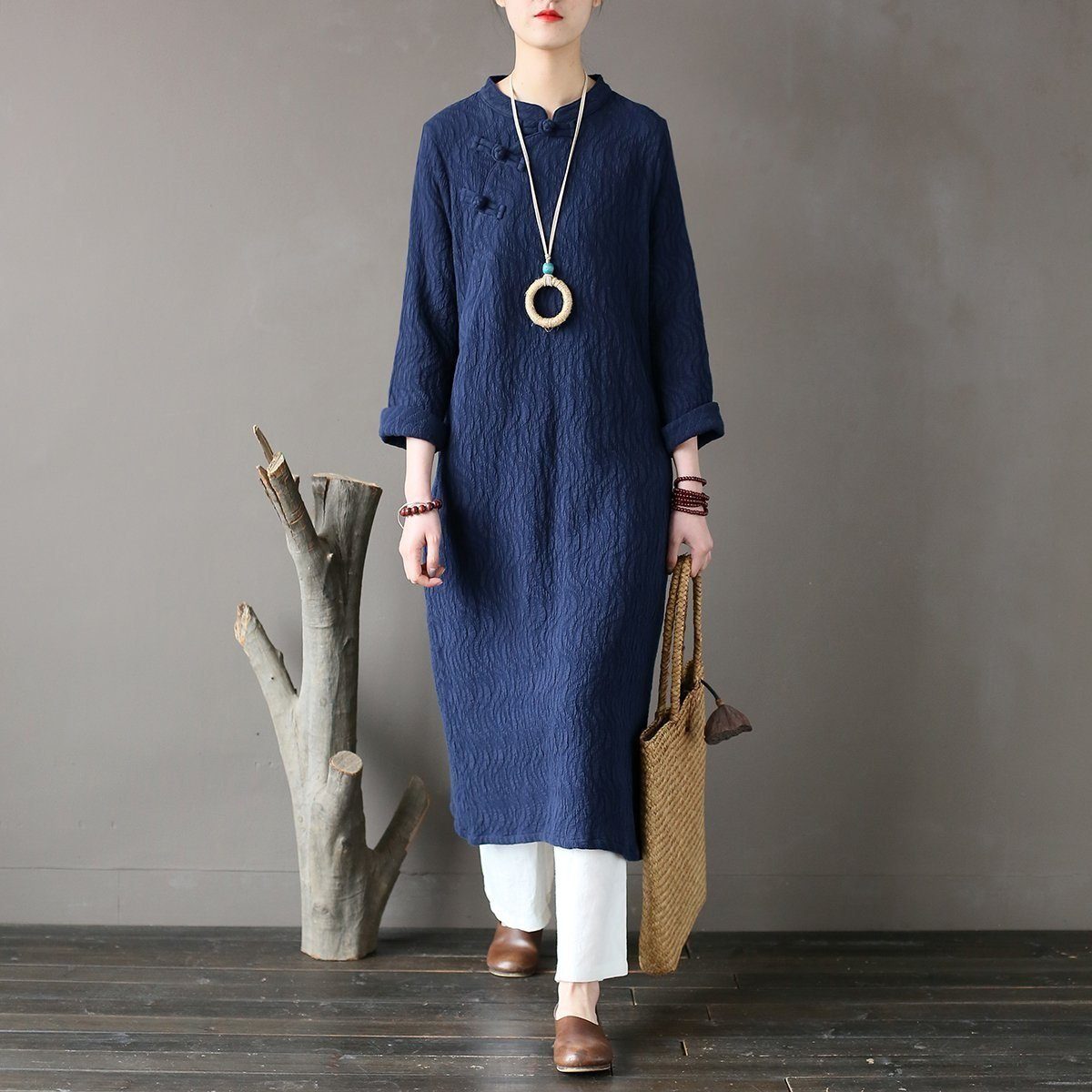 Autumn  Retro Stand Collar   Cotton Loose Dress