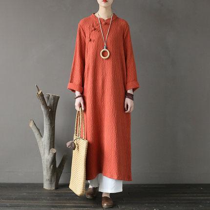 Autumn  Retro Stand Collar   Cotton Loose Dress