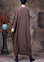 Women Light Coffee O-Neck Button Pockets Cashmere Maxi Dress Long Sleeve