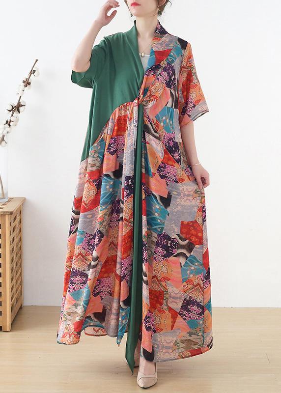 Beautiful Green Patchwork Print Vacation Summer Chiffon Dress