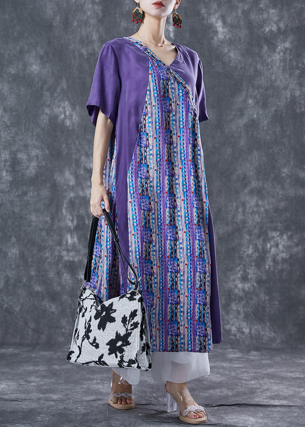 Art Purple Asymmetrical Patchwork Print Chiffon Dress Summer