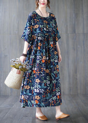 Loose Dark Blue O-Neck Print Wrinkled Robe Dresses Short Sleeve