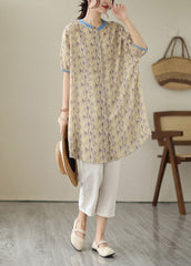 Women Khaki Oversized Print Linen Shirt Dress Summer