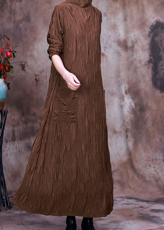 Natural Coffee Turtle Neck Pockets Silk Dress