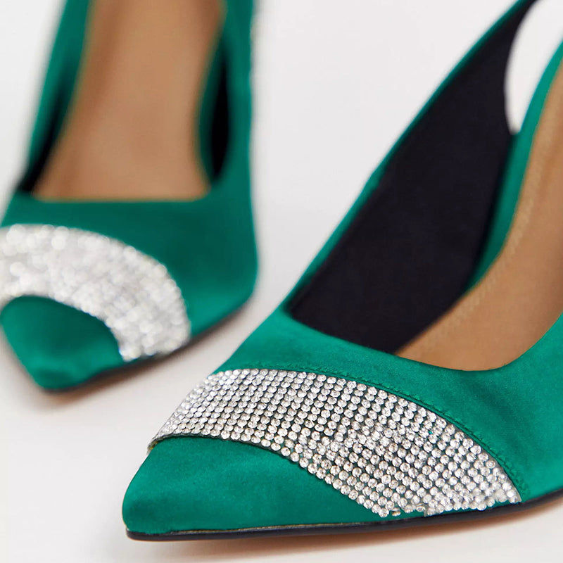 Women's Green Slingback Chunky Heel Rhinestones Pumps Party Heels