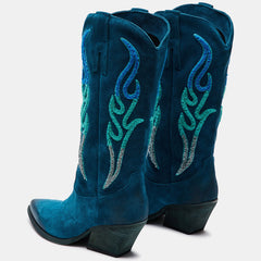 Teal Vegan Suede Gradient Flame Embroidered Mid-calf Cowgirl Boots