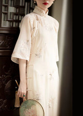 Chinese Style Beige Stand Collar Embroideried Patchwork Silk Dress Fall