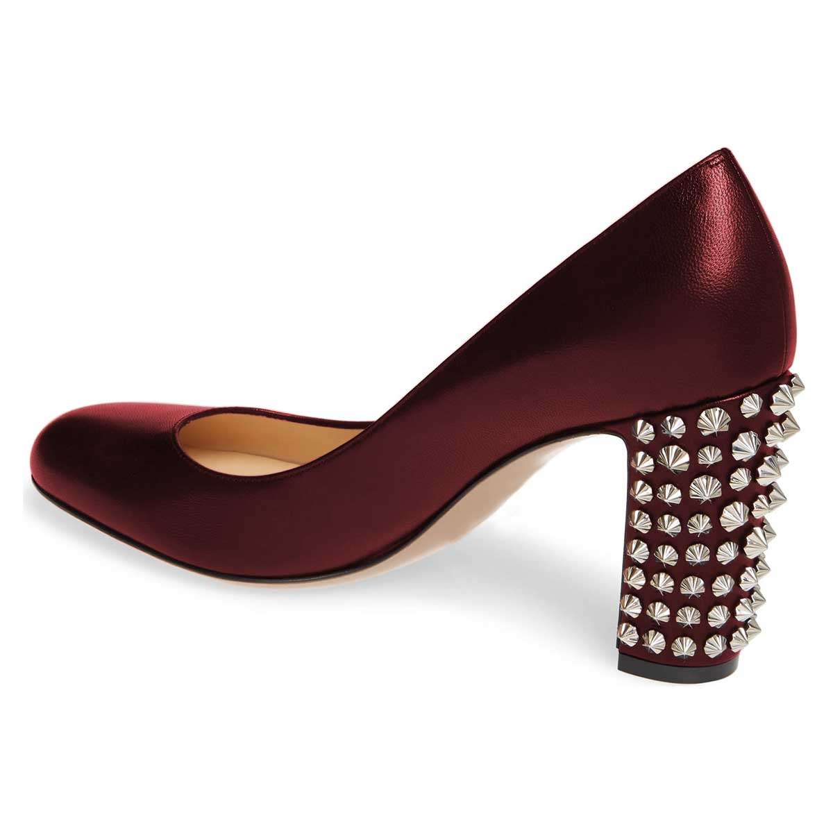 Maroon Almond Toe Studs Chunky Heels Pumps