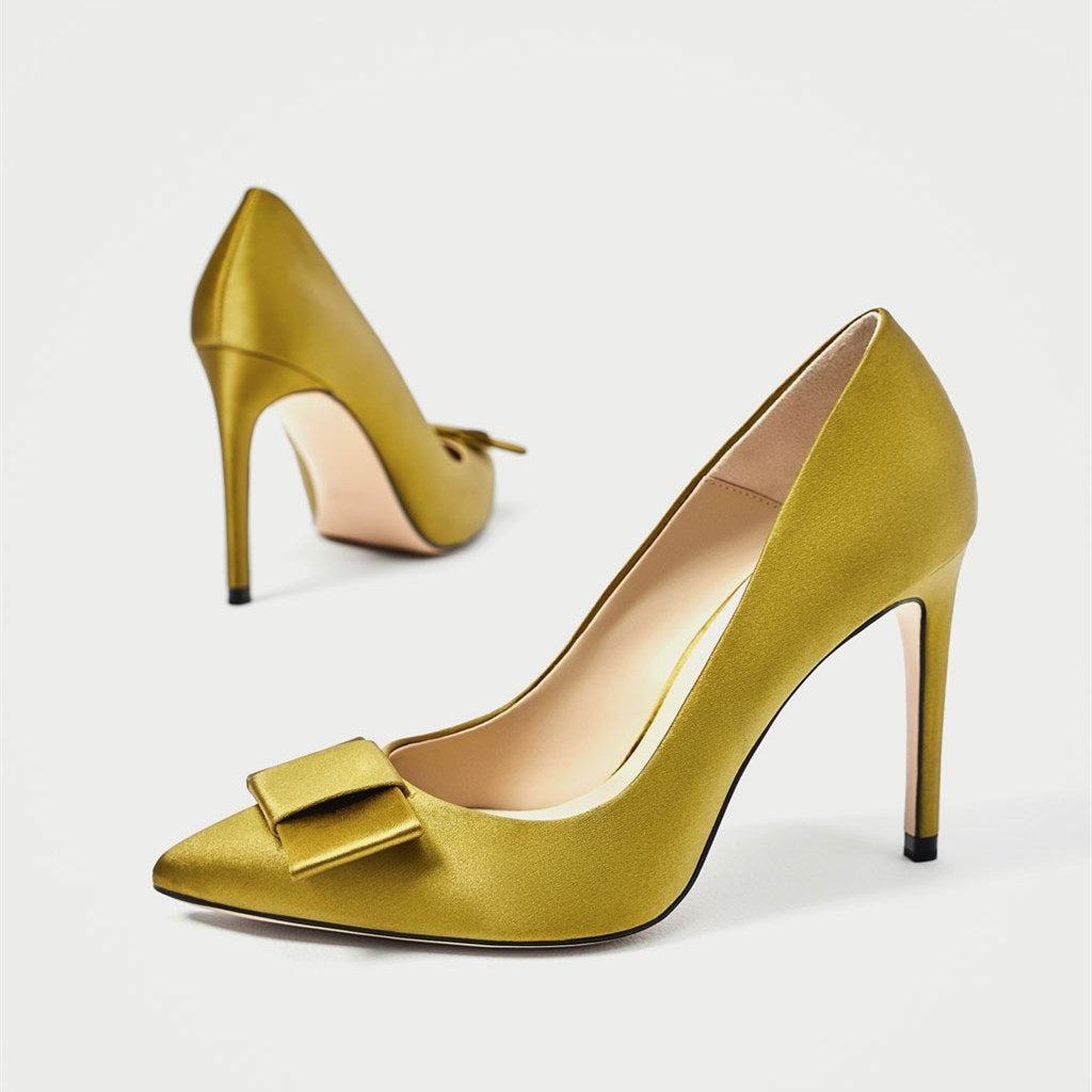 Gold Satin Bow Stiletto Heels Pumps