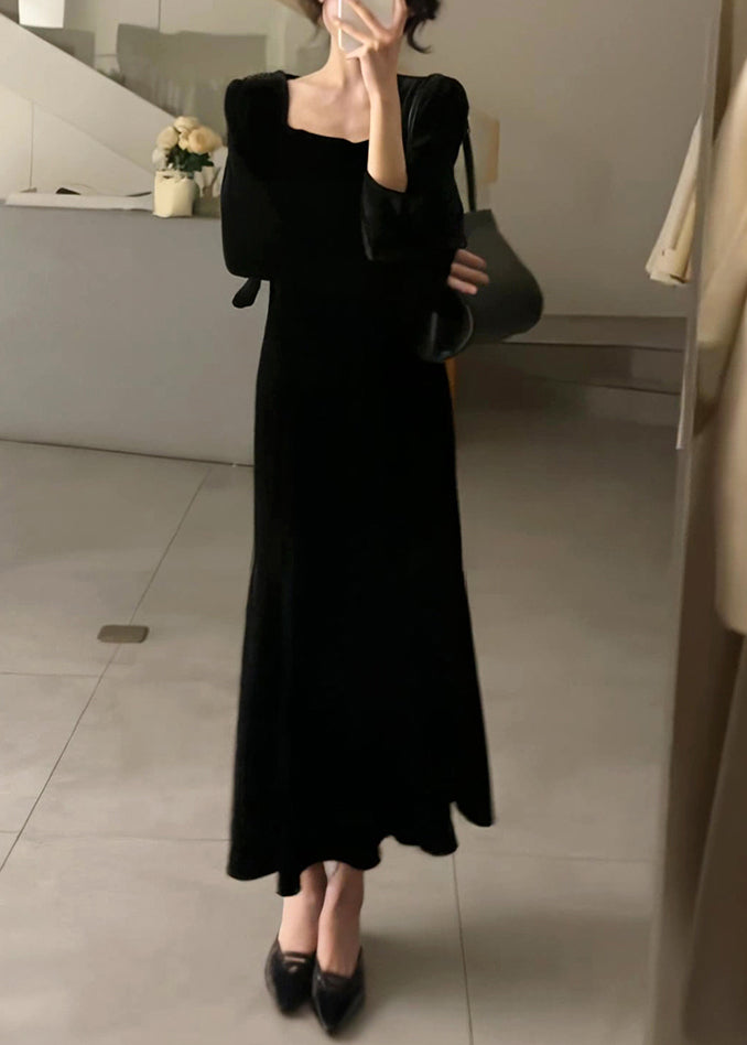 Slim Fit Black Square Collar Silk Velvet Long Dresses Long Sleeve