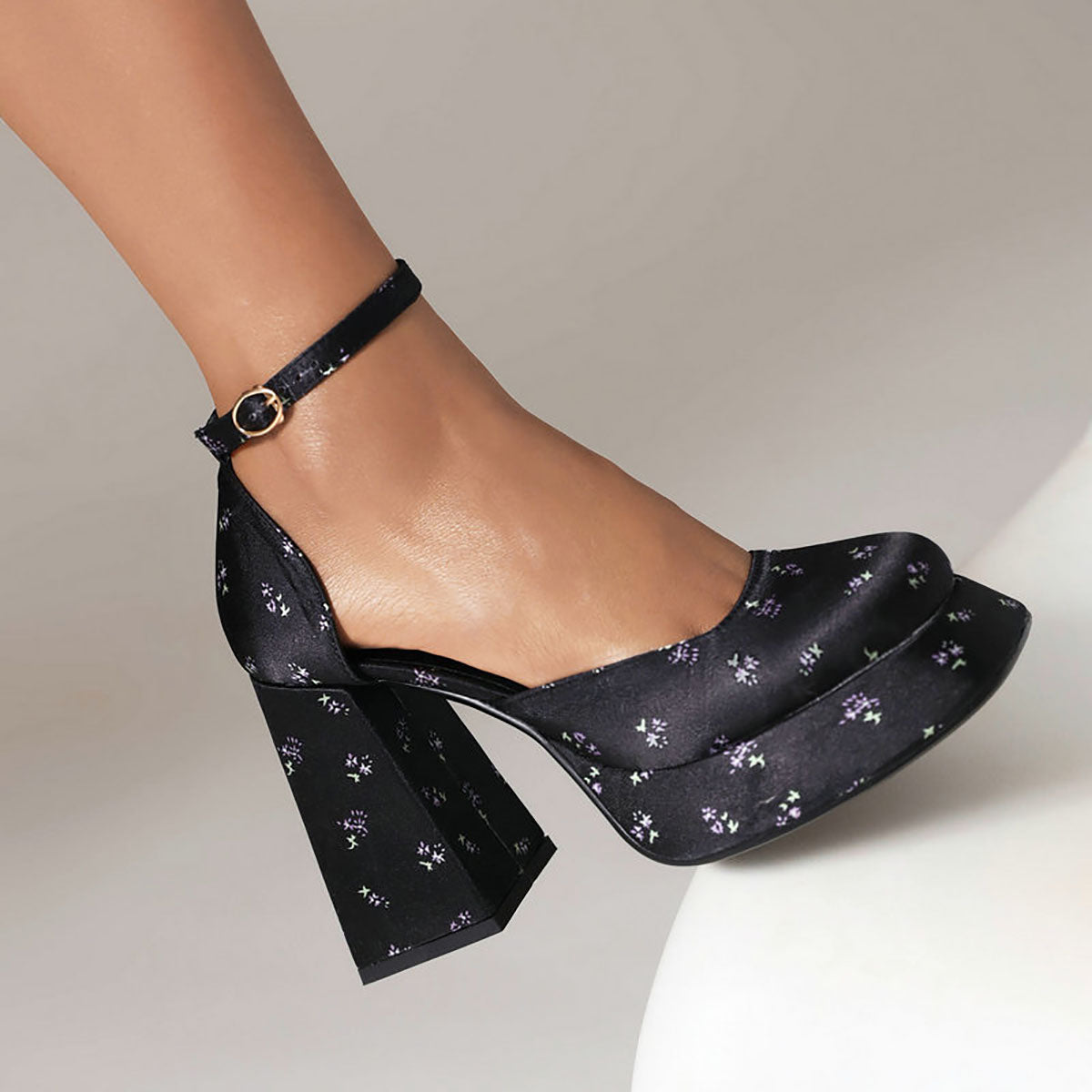 Pattern Print Platform Ankle Strap Chunky Heels Pumps