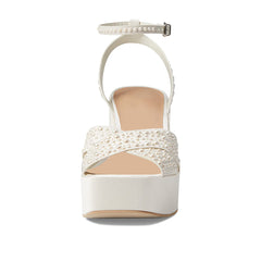 White Ankle Strap Platform Sandals Square Toe Chunky Heel Pearl Shoes