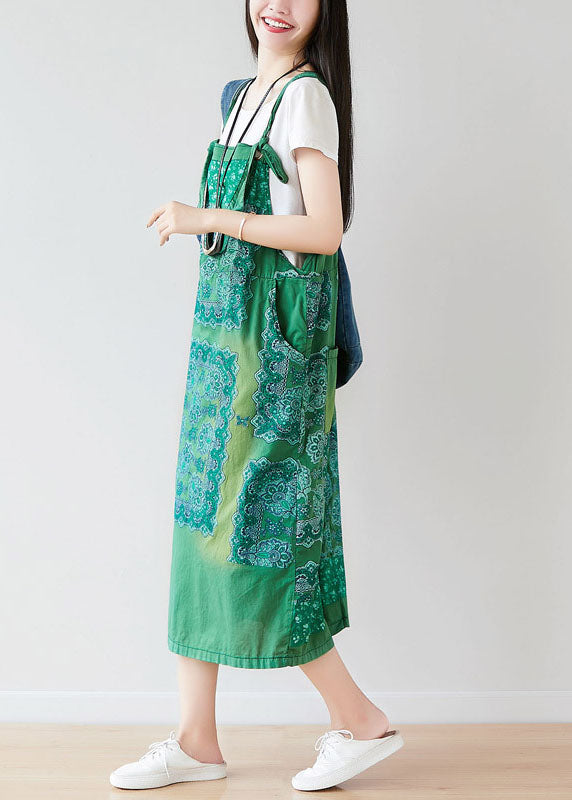 Vintage Green Oversized Print Cotton Strap Dress Spring