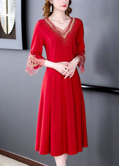 Slim Fit Red V Neck Patchwork Embroideried Silk Dresses Flare Sleeve