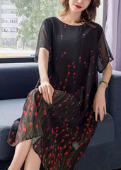 Art Black O Neck Print Patchwork Chiffon Mid Dress Summer