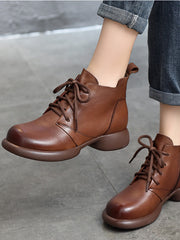 Vintage Leather Round Toe Lace-Up Boots