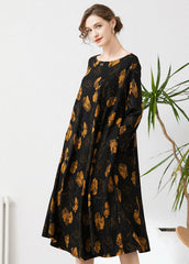 Fine Black O-Neck Oversized Print Cashmere Dresses Spring