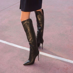 Women's Fashion Black Stiletto Boots Sexy Pointy Toe Knee-high Boots