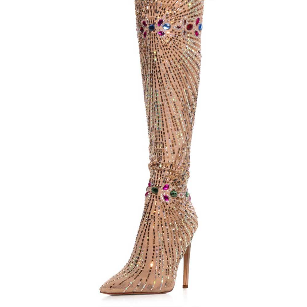 Pointy Toe Stiletto Crystal & Rhinestone Thigh High Boots in Nude