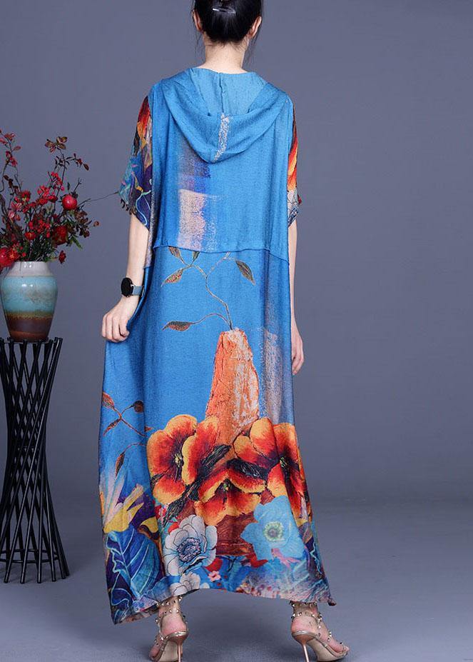 Simple Blue Print hooded Patchwork Silk Ankle Dress Summer