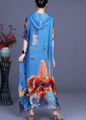 Simple Blue Print hooded Patchwork Silk Ankle Dress Summer