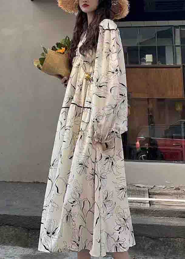 Chic White V Neck Print Wrinkled Patchwork Cotton Long Dresses Fall