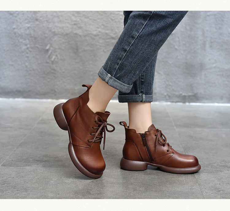 Vintage Leather Round Toe Lace-Up Boots