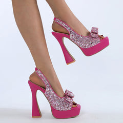 Rhinestone Bow Platform Square Toe Chunky Heels