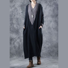 Women Black Grey V Neck Pockets Patchwork Fall Knit Long Sleeve Dress