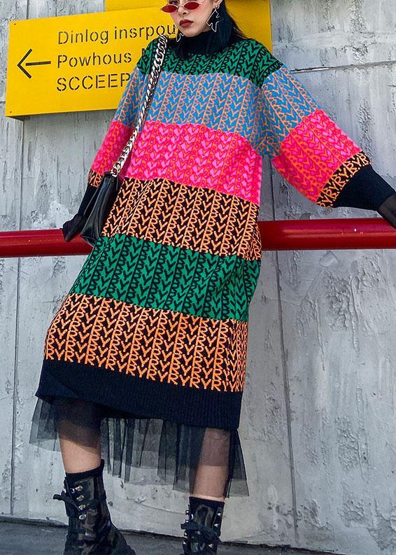 Knitted rainbow Sweater dress outfit Beautiful o neck spring sweater dress