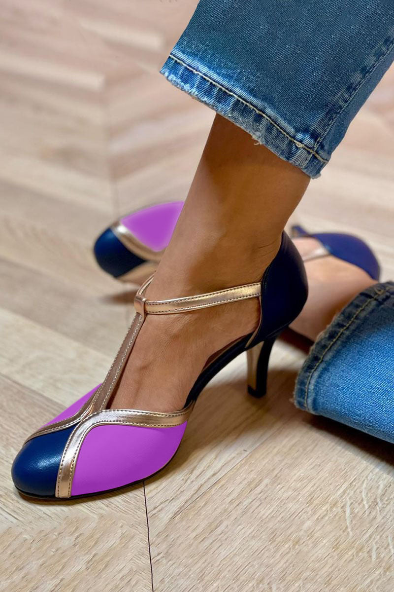 Color Block Closed Round Toe T-Strap Stiletto Heels