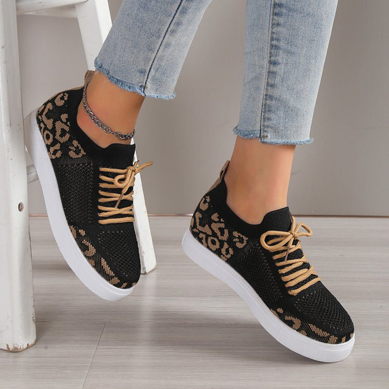 Casual Mesh Patchwork Leopard Pattern Lace Up Sneakers