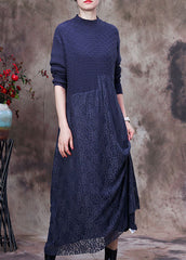 Modern Blue Knit Patchwork Lace Vacation Dresses