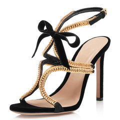 Black and Gold Chain Embellished Open Toe Slingback High Heel Shoes