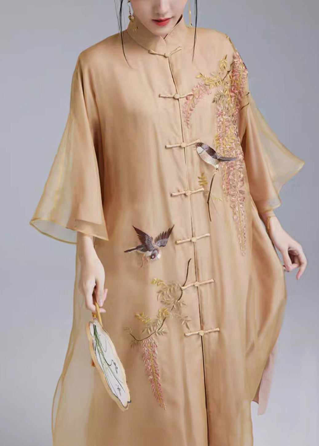 Loose Yellow Embroidered Button Silk Dress Flare Sleeve