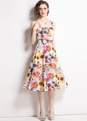 Art Floral Print Patchwork Chiffon Spaghetti Strap Dress Summer