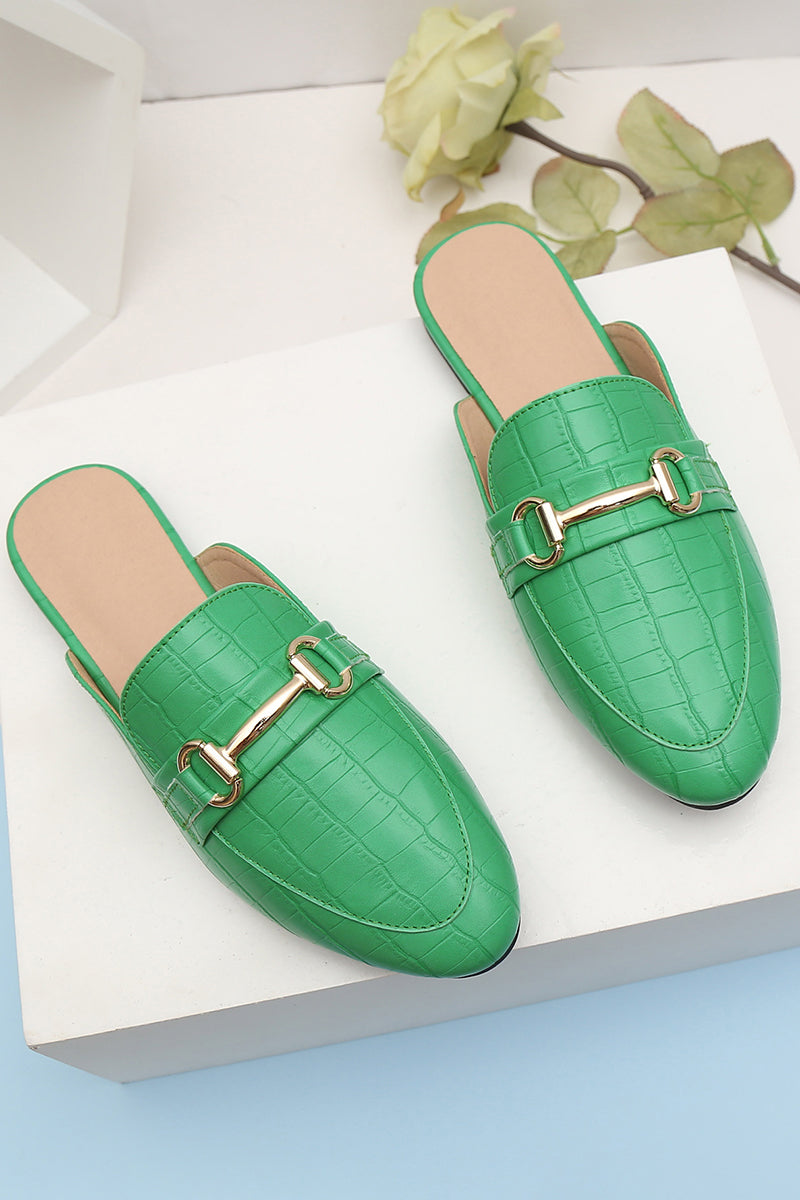 Metallic Buckle Crocodile Pattern Print Round Toe Slip On Mules