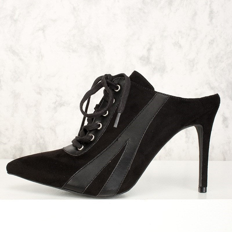 Black Lace Up Pointy Toe Stiletto Heel Mule Pumps