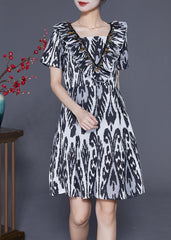 Art Black Ruffled Patchwork Print Linen Dress Summer