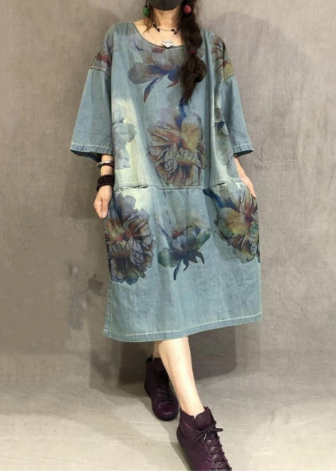 Loose Blue O Neck Print Side Open Denim Dress Summer